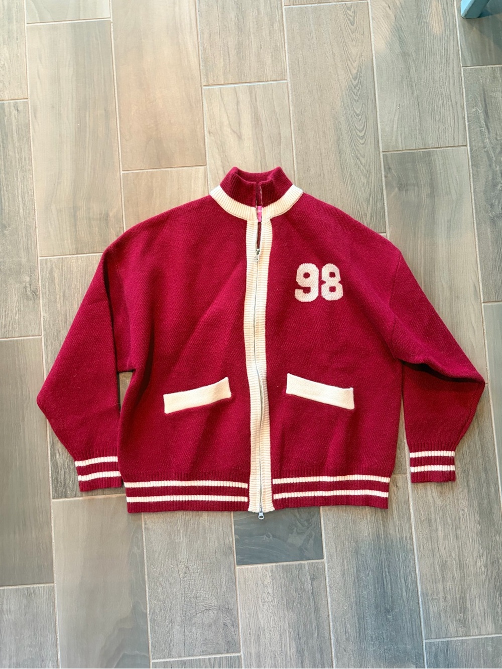 Edikted Burgundy and Cream Zip-Up Varsity Cardigan